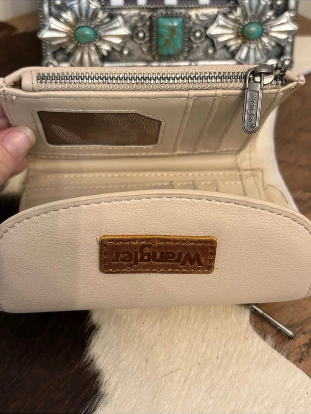 Wrangler Beige Faux Leather Crossbody Wallet with Brown Logo Patch